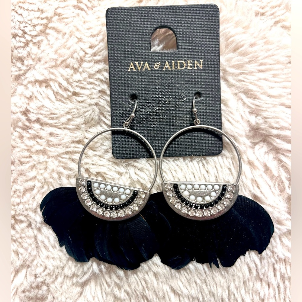 Ava & Aiden Jewel Bling Feather Earrings dangle black crystals hoop
